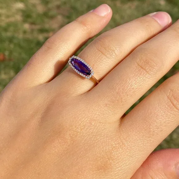 Contemporary Checkerboard Cut Elongated Amethyst and Natural Diamond Halo Ring i
